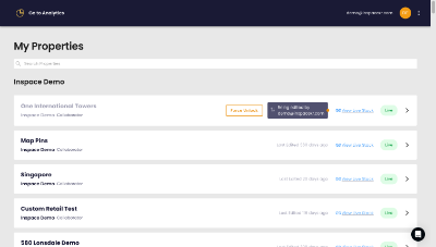 User interface of a content management system displaying a dashboard view with a list of properties and options to edit, view, and manage content.