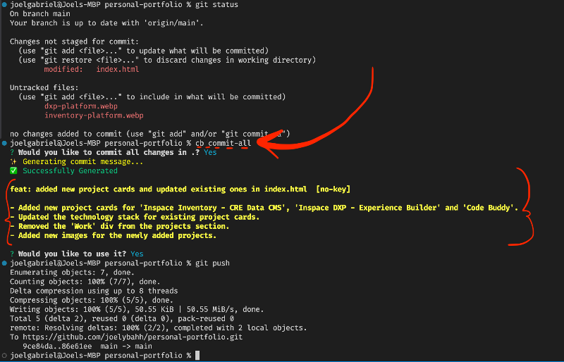 Command line interface showing a log of git commands and responses, including commit messages related to updates and new project cards.