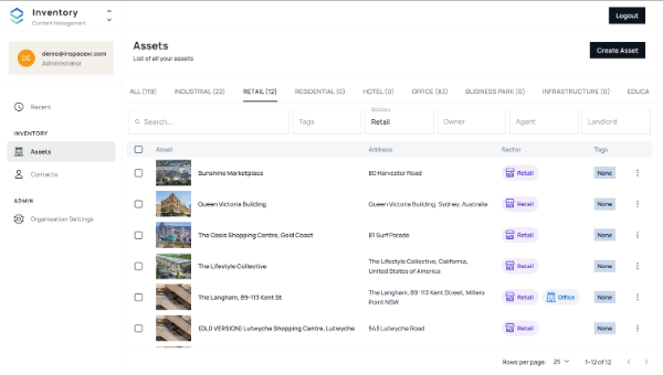 Web interface of an asset inventory management system displaying a list of properties with thumbnail images, addresses, and details for each.