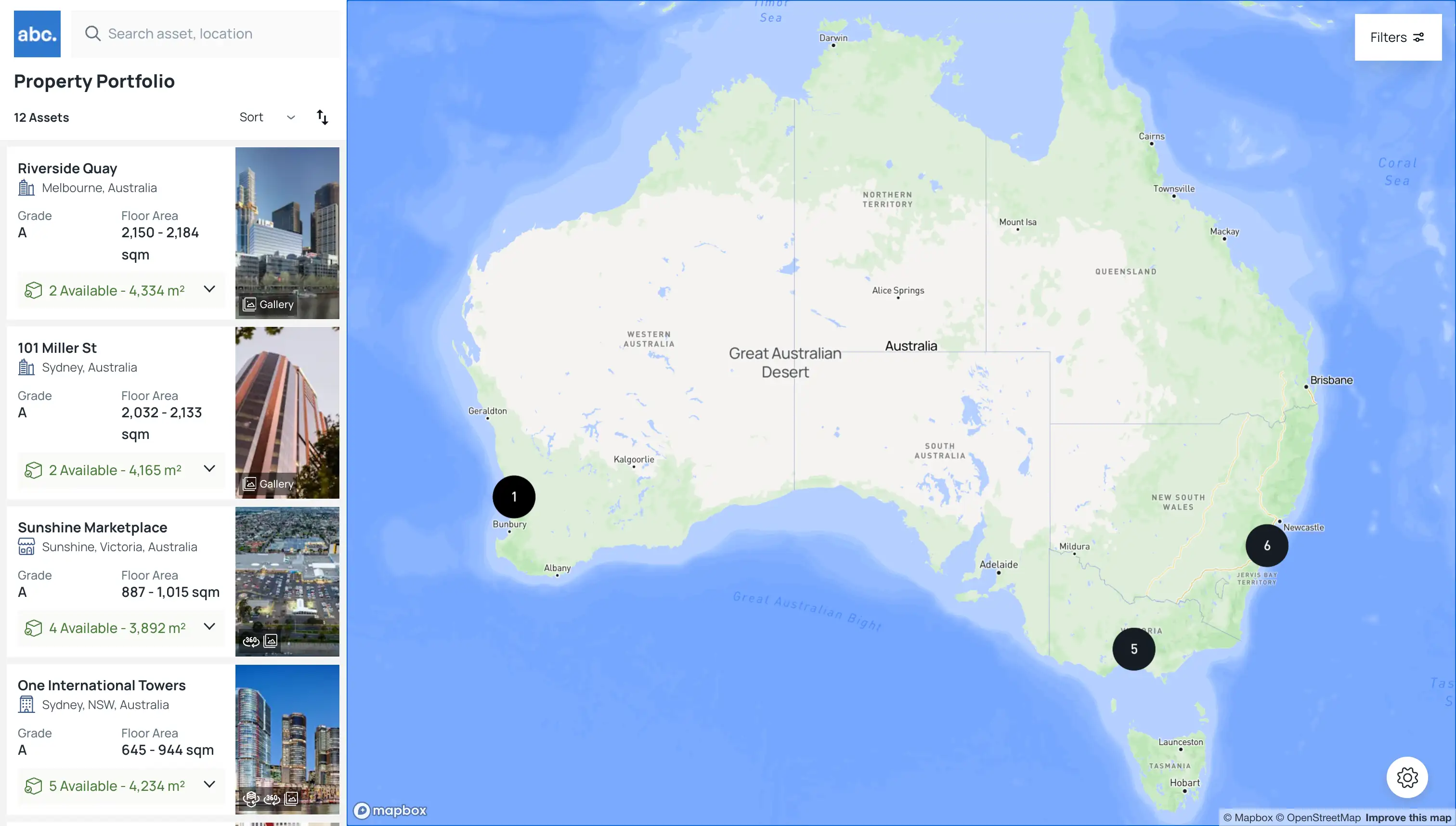 A web application displaying a property portfolio on a map of Australia with various properties marked, including Riverside Quay in Melbourne and others across the country.