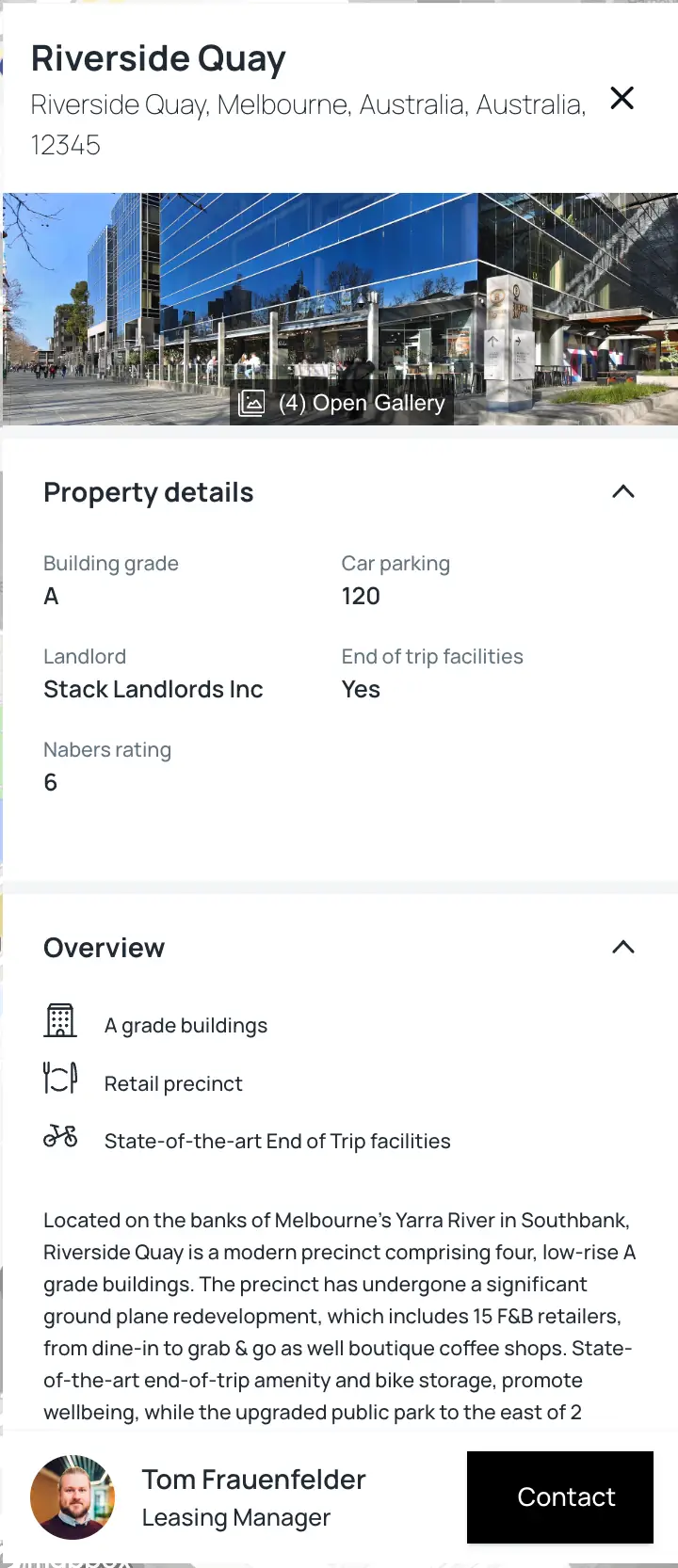 A mobile app interface showing details of Riverside Quay, Melbourne, Australia, with a large photo of the building's exterior, followed by property details and an overview section.